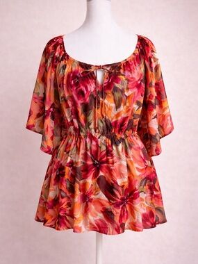Karen Kane Floral Blouse 2X Boho Peasant Top Pink Orange NWT Plus